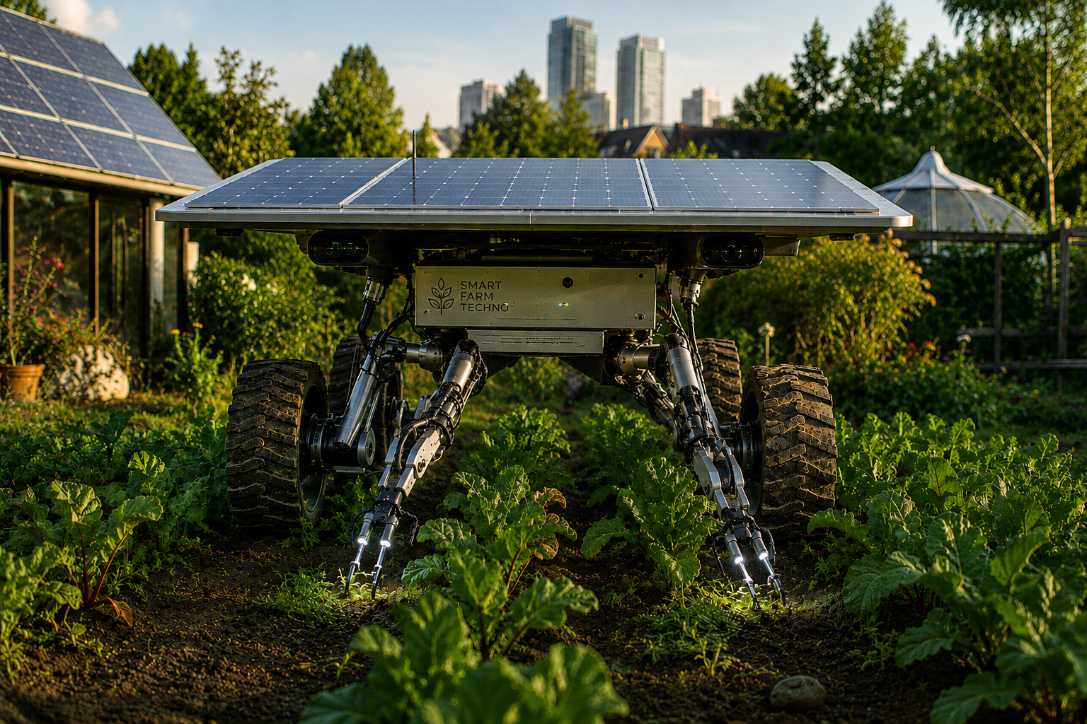 Solar-powered autonomous rover in a lush organic garden