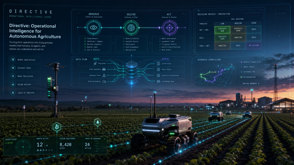Autonomous farm robots operating in crop rows with a translucent Directive mission-control process model overlay.