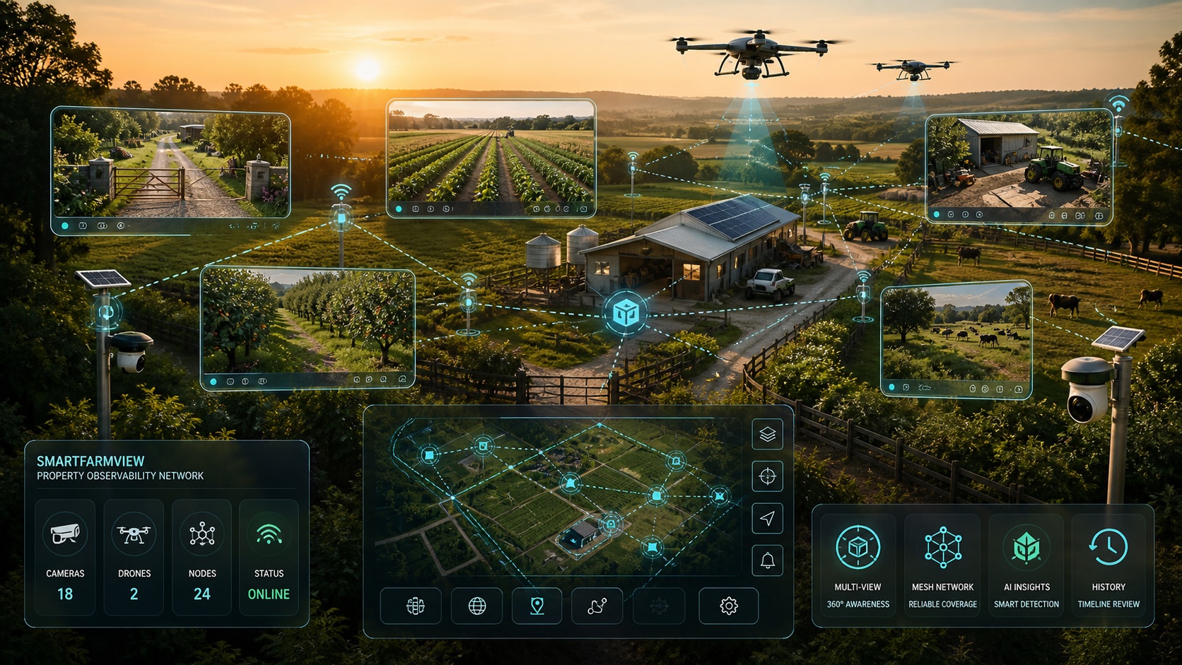 Mesh-network farm observability system with cameras, drones, and multiple property viewpoints
